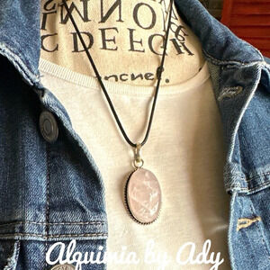 Big Pink Quartz silver Victorian medallion black cord adjustable fit necklace